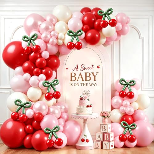 Image of Pink Red White Cherry Balloon Garland Arch Kit 129 PCS