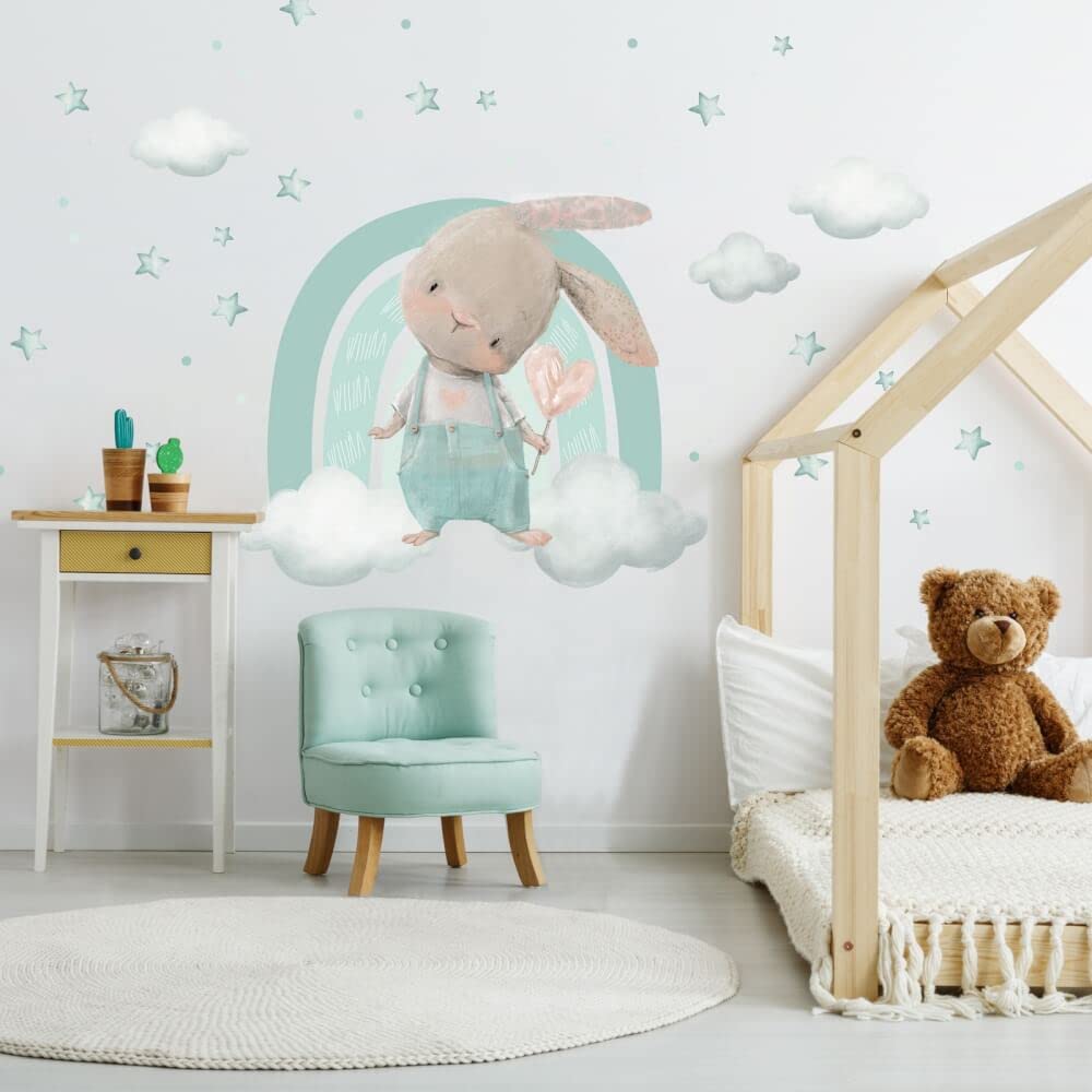 Inspio Adesivi da parete per bambini - Coniglietto con arcobaleno. XXL adesivo da parete. Sticker personalizzato aggiuntivo con il nome. 63 colori tra cui scegliere.