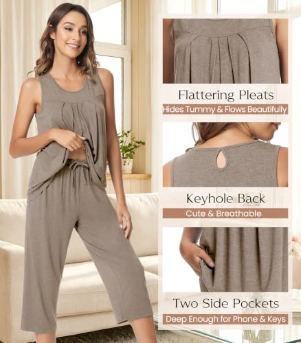 Image of NACHILA Pajamas for Women-Viscose Made from Bamboo, Sleeveless Pjs Tank Top Capri Pants Pajama Sets Cooling Sleepwear