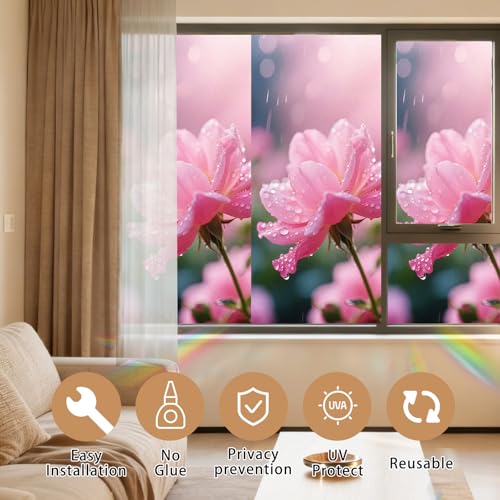 Image of Nuxovilar Pink Flower Floral Cling Window Film 17.5x39.3 in PVC