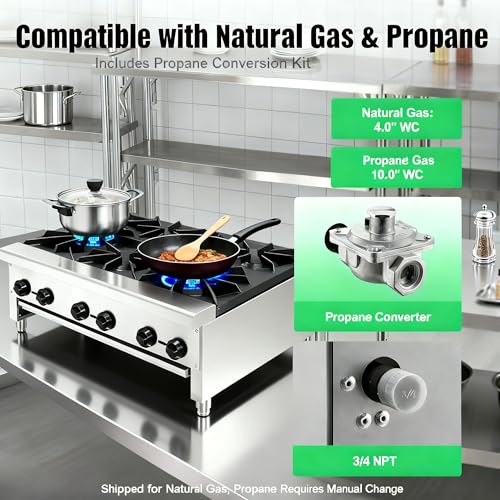 Image of Commercial Gas Stove with 6 Burners, Freestanding Propane and Countertop Natural Gas Range Stove, Stainless Steel Hot Plate, Commercial Cooking Equipment for Restaurant Kitchen, 168,000 BTU