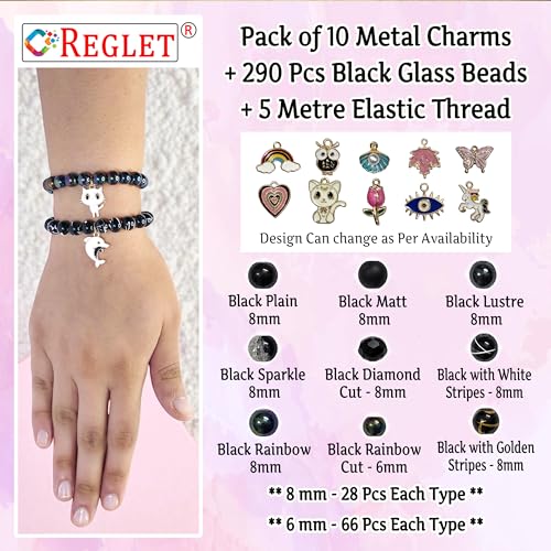 Image of 10 Pcs Charms + 290 Pcs Black Glass Beads for Jewellery Making Kit - Glass Beads for Bracelet Making Kit - Bead Craft - 8mm