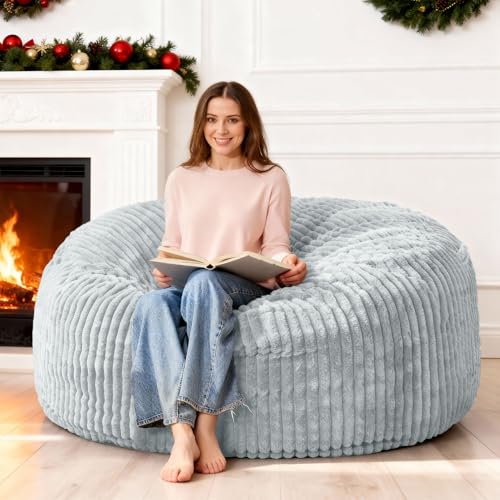 Image of HABUTWAY 5FT Bean Bag Chair, 5' Large Bean Bag Chairs for Adults with Removable Stripe Plush Cover, Memory Foam Beanbag Chair for Living Room Bedroom Dorm,Light Grey