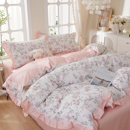 Image of VM VOUGEMARKET Pink Ruffle Floral Duvet Cover Set Queen,Peach Pink Flower Bedding Set 100% Cotton Reversible Pink Stripes Duvet Cover with Zipper & Ties,90 inchx90 inch