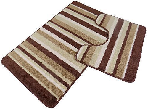 LUXURIOUS BRIGHT STRIPE STRIPED BROWN BEIGE CREAM SOFT BATHMAT PEDESTAL SET 50 X 80CMS #AROB
