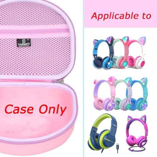 Image of Tourmate Hard Travel Case for Riwbox CT-7 CT-7S / iClever HS01 / FosPower Cat Ear LED Light Kids Wireless Headphones, Protective Carrying Storage Bag (Purple&Pink)