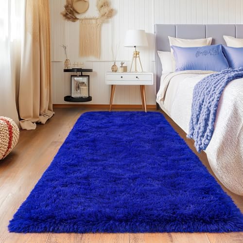 Runner Rugs for Bedroom, 2x6 Fluffy Throw Area Rug Non Slip for Bedside Dorm Hallways, Long Soft Shag Carpet for Nursery Living Room, Royal Blue