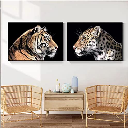 NIEMENGZHEN Cuadros sobre Lienzo nórdico Animal Salvaje Tigre Leopardo Lienzo Pintura Carteles impresión Arte de Pared para Sala de Estar decoración del hogar 25x35cmx2 sin Marco Cover