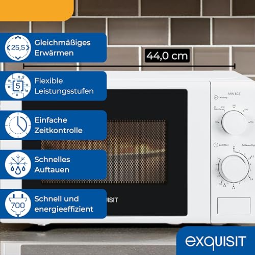 Exquisit Mikrowelle 20L, 700 Watt, Einfache Bedienung, 25,5cm Drehteller, 5 Leistungsstufen, Timer, Auftaufunktion, 2 Drehregler, MW 802 weiss – Bild 4