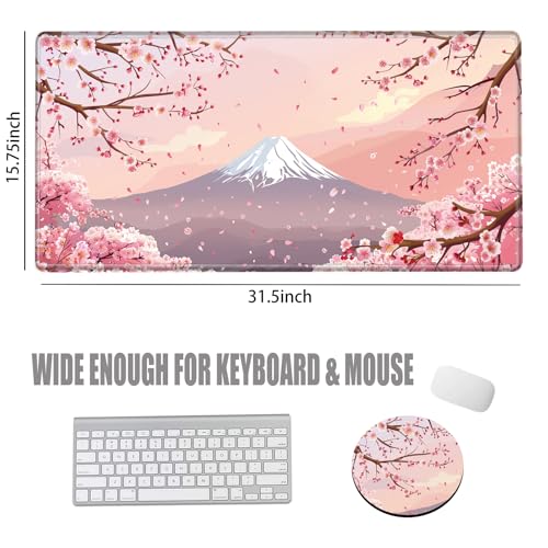 Image of Gaming Mouse Pad Large Mousepad Cherry Blossom Desk Mat XXL Big Desk Pad 31.5x15.75 Rubber Base Pink Sakura Computer Pad with Stitched Edges Mouse Mat for Work Home Office