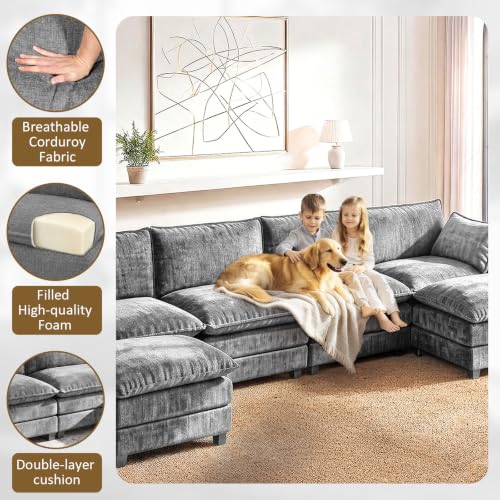 Image of LEVELEVE 146 inch U-Shape Modular Sofa with 2 Ottomans, Deep Seat Cloud Convertible Sleeper, 2 Arm Pillows, Cozy Large Upholstered Furniture for Living Room Apartment, Dark Grey