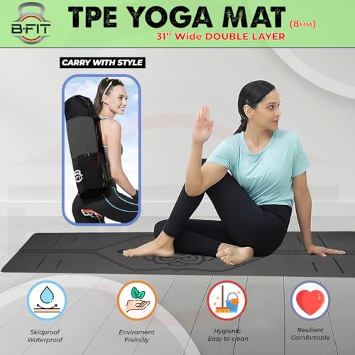 Image of B Fit 8 MM Thick Wide 31x72 Inch Original TPE Yoga Mat - Free Yoga Bag and Strap Included - With Alignment System, Non-slip, Eco-friendly, sweat-resistant (Green-Black)