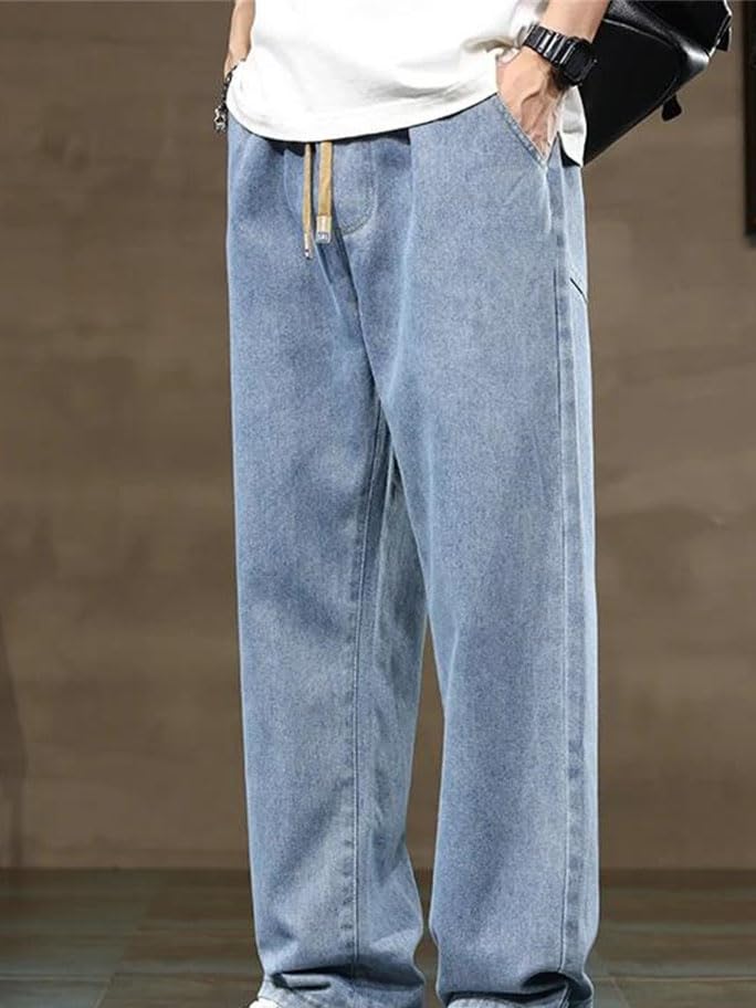 Men Drawstring Jeans Y2k Style Loose Fit Straight Denim Pants Wide Leg Casual Streetwear Trousers4