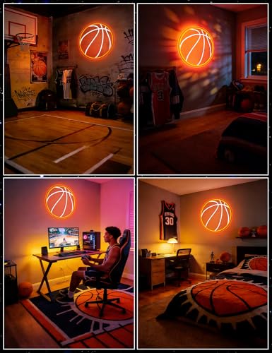 Image of Basketball Neon Sign, 13x13 Inch Led Neon Light Signs for Wall Decor, USB Powered Aesthetic Wall Decor, Sports LED Light for Room Bedroom Shop Decor (Basketball)