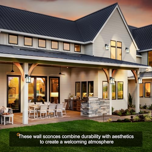 Image of 2 Pack Modern Farmhouse Outdoor Wall Lights,IP65 Waterproof & All-Metal Build,Textured Tempered Glass for Soft, Elegant Glow for Porch, Garage, Front Door