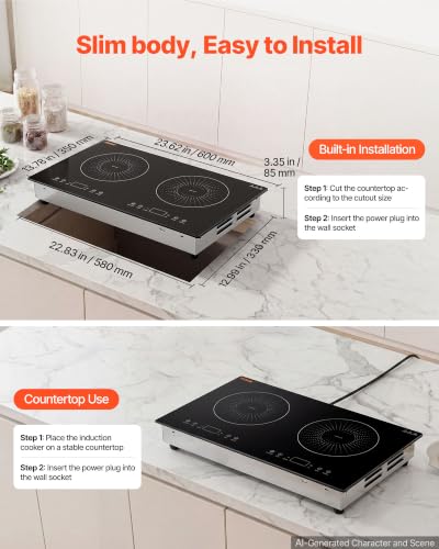 Image of VEVOR Induction Cooktop 24inch 2 Burners Built-in Electric Stove 110V 1800W, Countertop Induction Burner, with 9 Power Levels, LED Touch Screen, Ceramic Glass Surface, Child Lock, for Kitchen, RV
