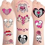 Papiailove 6 Sheets Til Death Do Us Temporary Tattoos Stickers, Pink Gothic Skull Heart Flowers Tattoo Stickers for Women Adults Boys Girls, Bachelorette Party Favors Supplies Decoration Gifts Sticker