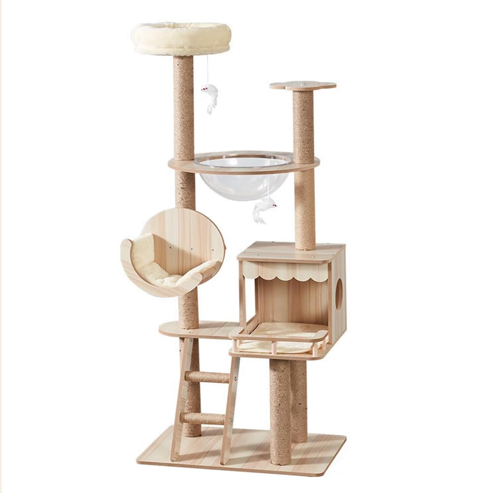Wooden cat tree tower, sisal rope wrapped, multi-layered, with cushioned perches, space capsule, cat house, with toys, for play and rest (Sisal column)