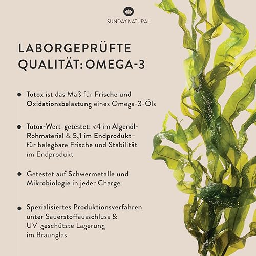 SUNDAY NATURAL® Omega 3 Vegan Forte - 120 Softgel Kapseln - 2.000 mg Algenöl pro Tagesdosis: 700 mg DHA + 360 mg EPA - Omega 3 Kapseln - Laborgeprüft