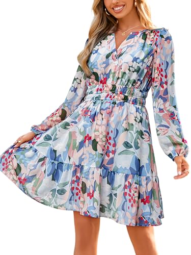 Image of Simplee Womens Spring Floral Mini Dress Long Sleeve Boho Chiffon Short Dress Casual Flowy Fall Wedding Guest Dresses