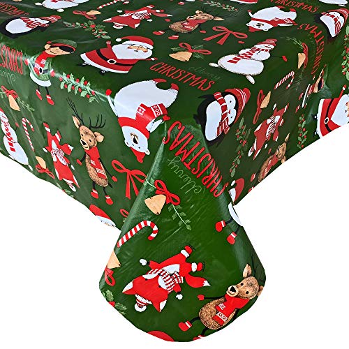 Newbridge Holiday Critters Fun Whimsical Flannel Back Vinyl Christmas Tablecloth - Cute Santa, Snowman, Penguin, Elves, Reindeer Print Xmas Wipe Clean Easy Care Tablecloth, 60” x 84” Oval