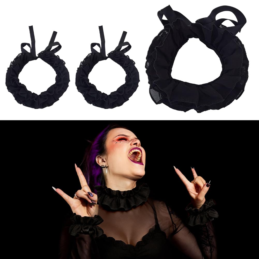 HOBBIESAY 1 Set Ruffled Collar Cuffs Set Layered Lace Jabot Collar Detachable Collars Victorian Cuffs Sets Chiffon Costume Accessories Black for Women Halloween Party Cosplay Supplies
