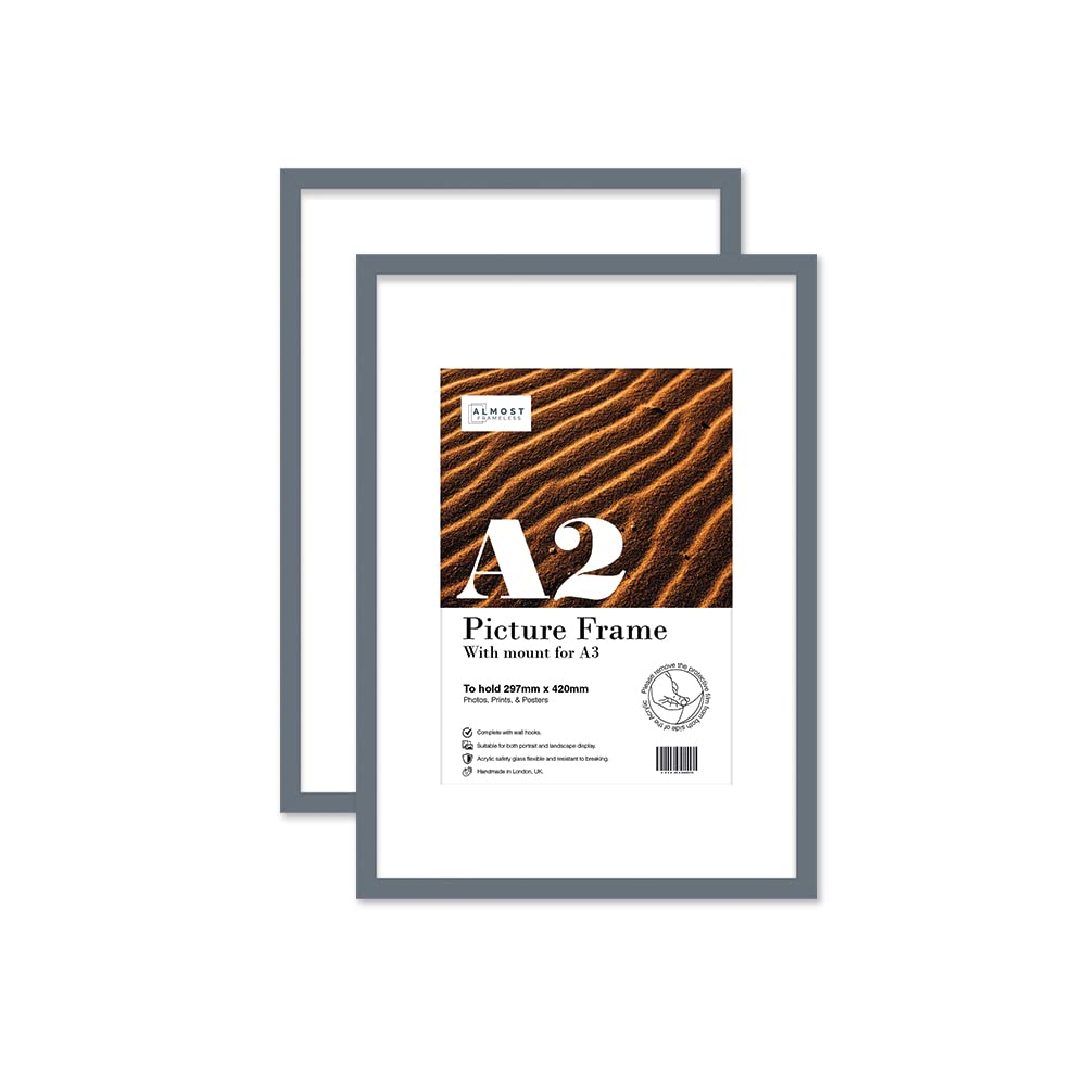 Almost Frameless Grey A2 Picture Frame Set Of 2, Display A3 Pictures With Mount Or A5 Without Mount Gallery Wall, Poster, Photo, Artwork, Or Print,