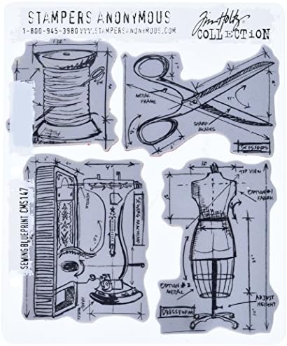 Tim Holtz Mini Blueprints Strip Cling Stamps 3"X10", Sewing
