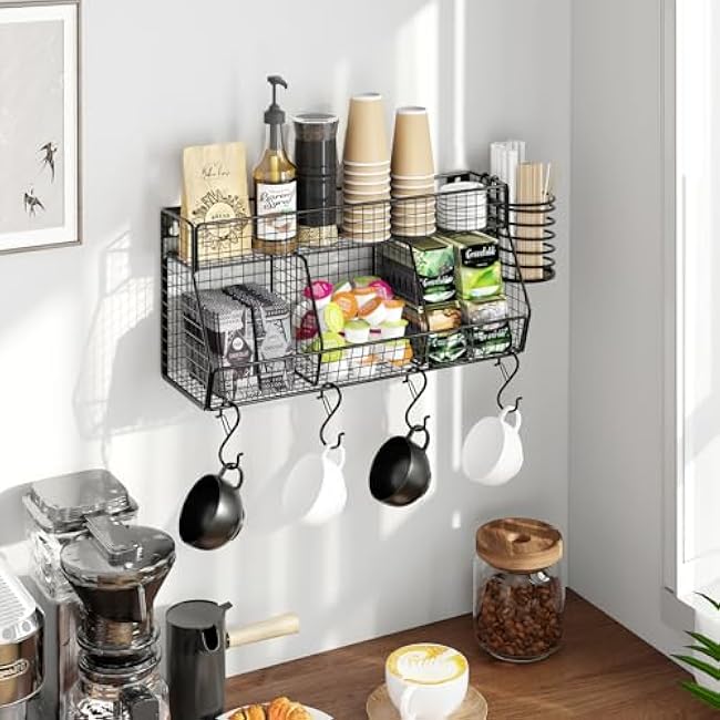 Coffee Bar Shelf Wall Mounted, Tea and Coffee Station Organizer with Hooks for Mug Storage, Coffee Bar Accessories Holder for K Cup Sugar Packet Pods Syrup Tea Bag Stirrers