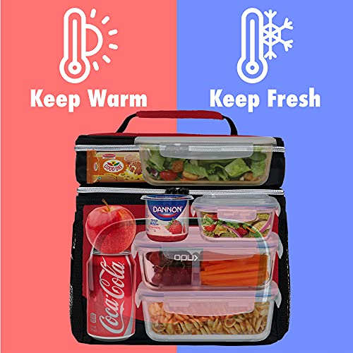 Opux Insulated Dual Compartment Lunch Box For Men Women | Leakproof Double Deck Lunch Bag Work Office School | Soft Cooler Tote Shoulder Strap Adult Kid | Reusable Thermal Lunch Pail Kit 12 Cans, Red #TOP1