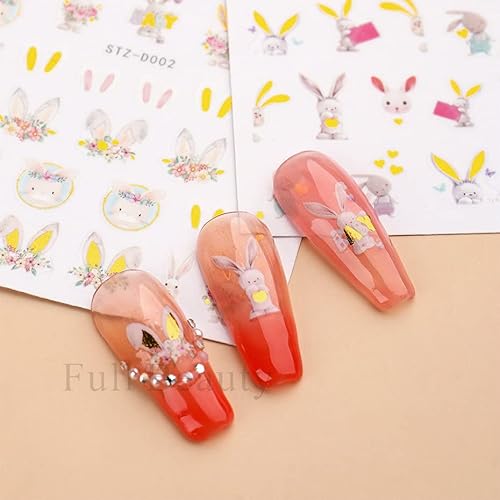 Easter Nail Decals Cute Bunny Nail Stickers 3D Self Adhesive Cartoon Rabbit Nail Art Stickers Spring Easter Bunny Stickers For Nails Bronzing Nail Sticker Diy Nail Supplies 4Sheets #TOP6