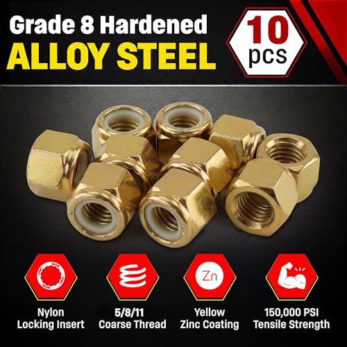 Image of Chenango Supply 5 /8-11 Grade 8 Nylon Insert Lock Nuts | Alloy Steel Nylock Nuts, Yellow Zinc Chromate Finish, USS Coarse Thread Heavy Duty Fasteners (10 Pieces)