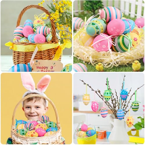 24 Stück Ostereier zum Aufhängen 6cm Bunte Plastik Eier Ostern mit Schleife Wiederverwendbare Eier Ostern Deko, Plastikeier zum Aufhängen & Dekorieren Kunststoffeier für draußen und innen Osterdeko