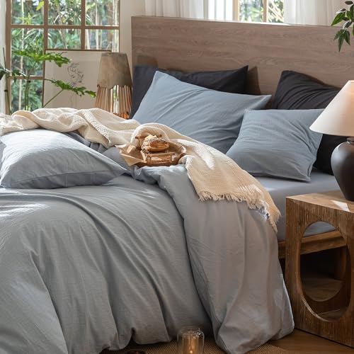 Image of MooMee Wavy Striped Duvet Cover Set 100% Washed Cotton Linen Like Textured Breathable Durable Soft Comfy (Cornflower Blue, King 104 inchx90 inch)