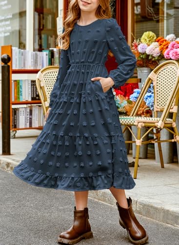 blibean Tween Girls Fall Maxi Dresses Long Sleeve Polka Dot Outfits with Pockets 6-15 Years2