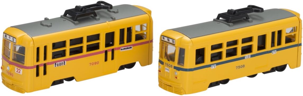 B Train Shorty tram 12 Tokyo Metropolitan Bureau of Transportation 7000 form (red band) 7500 form (blue band) (2 cars entering)