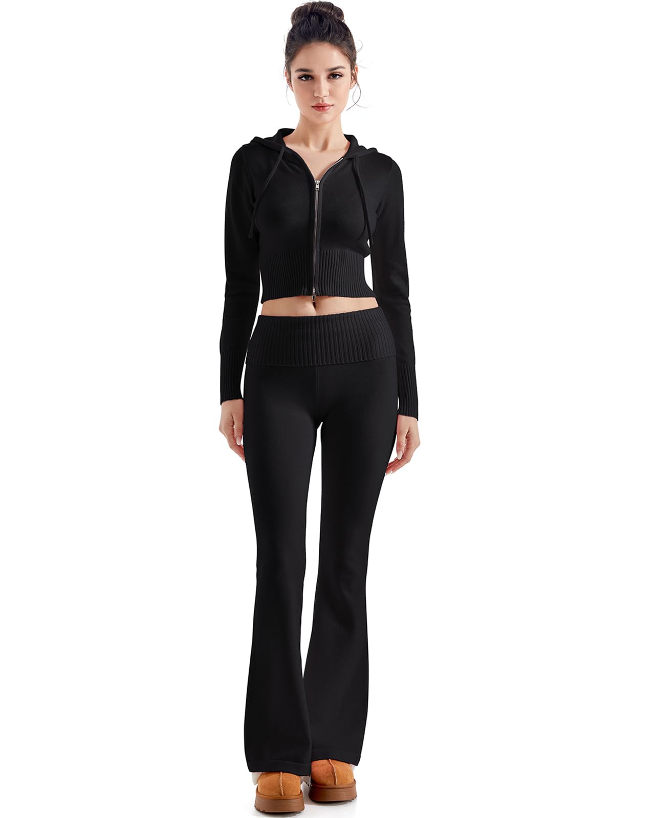 SUUKSESS Women 2 Piece Knit Sets Cropped Zip Up Hoodie Foldover Flare Leg Pants