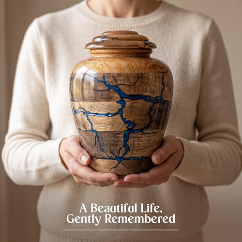 Image of Wooden Cremation Urns for Human Ashes - 80 Cubic Inches Funeral Memorial Urn for Adult Women & Men - Blue Decorative, Burial Urn for Male or Female Memorial Display