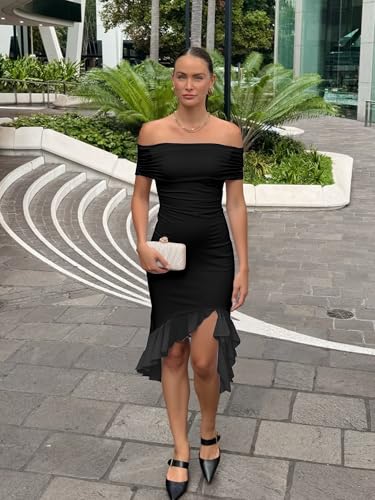 BORIFLORS Women's Sexy Off The Shoulder Bodycon Midi Dresses Elegant Ruched Ruffle Hem Cocktail Party Dress3