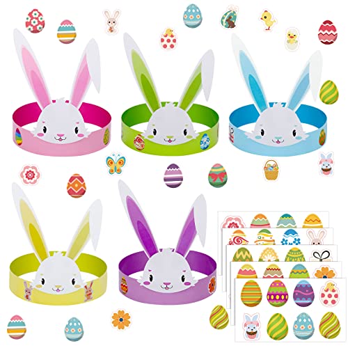 Vinsot 20 Sets Easter Headband Craft for Kids, 90 Pcs Easter Bunny Ears for Crafts Include Paper Loop Hat with Rabbit Cards Eggs Sticker Glue DIY Kits Colorful Element Crown Party Favors Supplies
