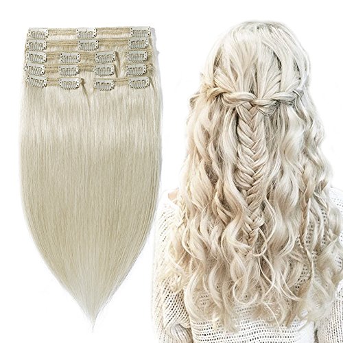 Clip in 100% Remy Human Hair Extensions Double Weft #70 Bleach White Grade 7A Quality Full Head Thick Long Soft Silky Straight 8pcs 18clips for Women Beauty 20" / 20 inch 150g