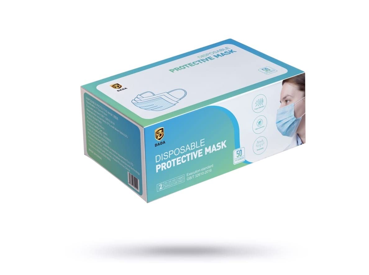 Dada 3 Layer Disposable Protective Face Mask. Sold Color, Premium Quality Face Mask with Elastic Ear Loop (50pcs box) (Blue)