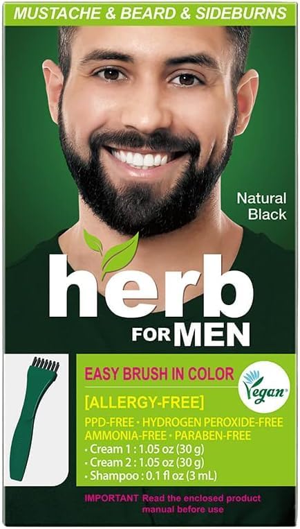 Herb For Men Mustache & Beard Dye (Nature Black, 1 Pack), PPD-Free Ammonia-Free, Vegan with Natural Ingredients, Odorless, Gentle for Sensitive Skin, No Skin Irritation