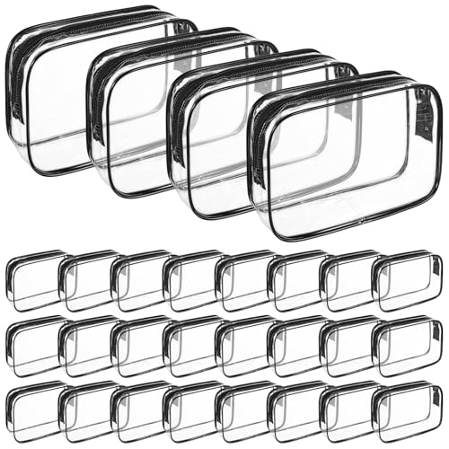 28Pcs Clear Cosmetic Makeup Bags with Zipper, Small Waterproof Toiletry Bag, Clear Travel Bags for Toiletries, PVC Transparent Plastic Organizer Case for Women Men (Black Border 7x4.5x1.7Inch)