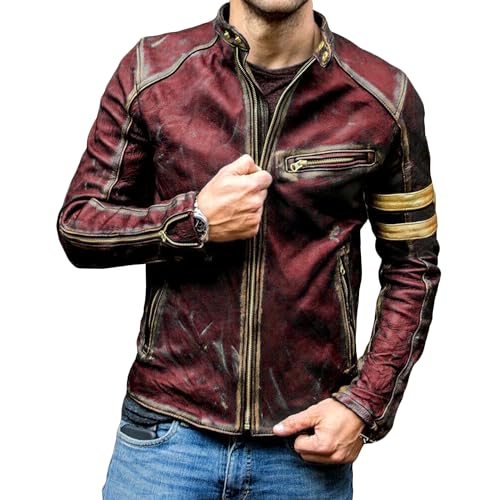 Chaqueta de piel estilo café Racer desgastada para hombre, estilo vintage, estilo Cafe Racer, granate, XXL