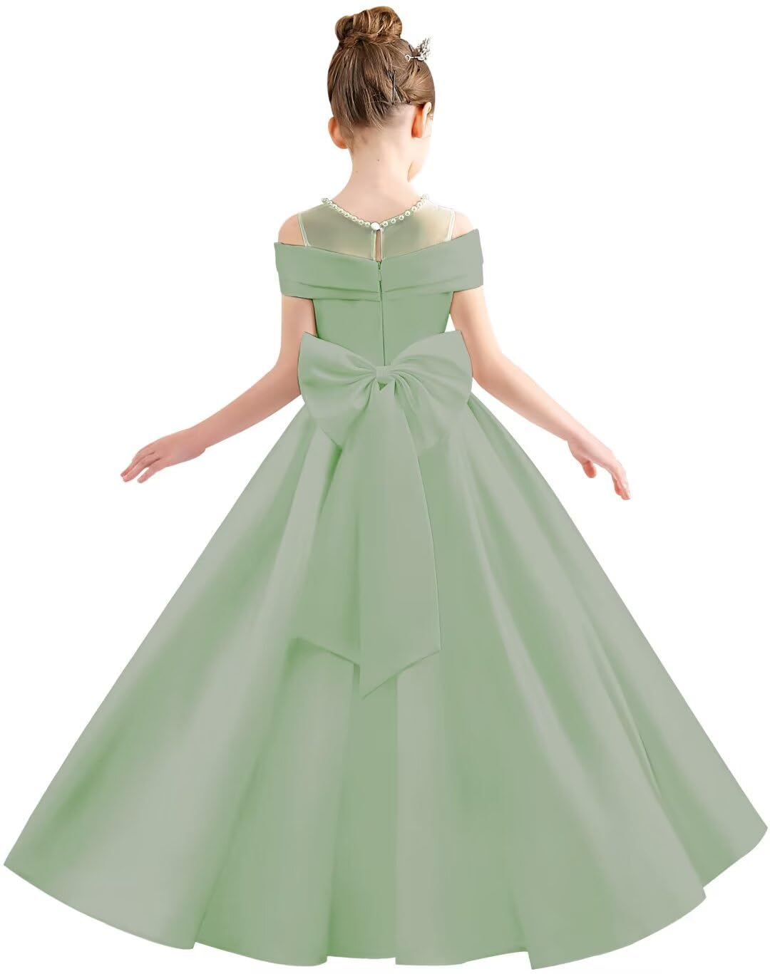 Vestido de satén para niña, vestido largo de fiesta con lazo, con cuentas, color liso, con cuentas