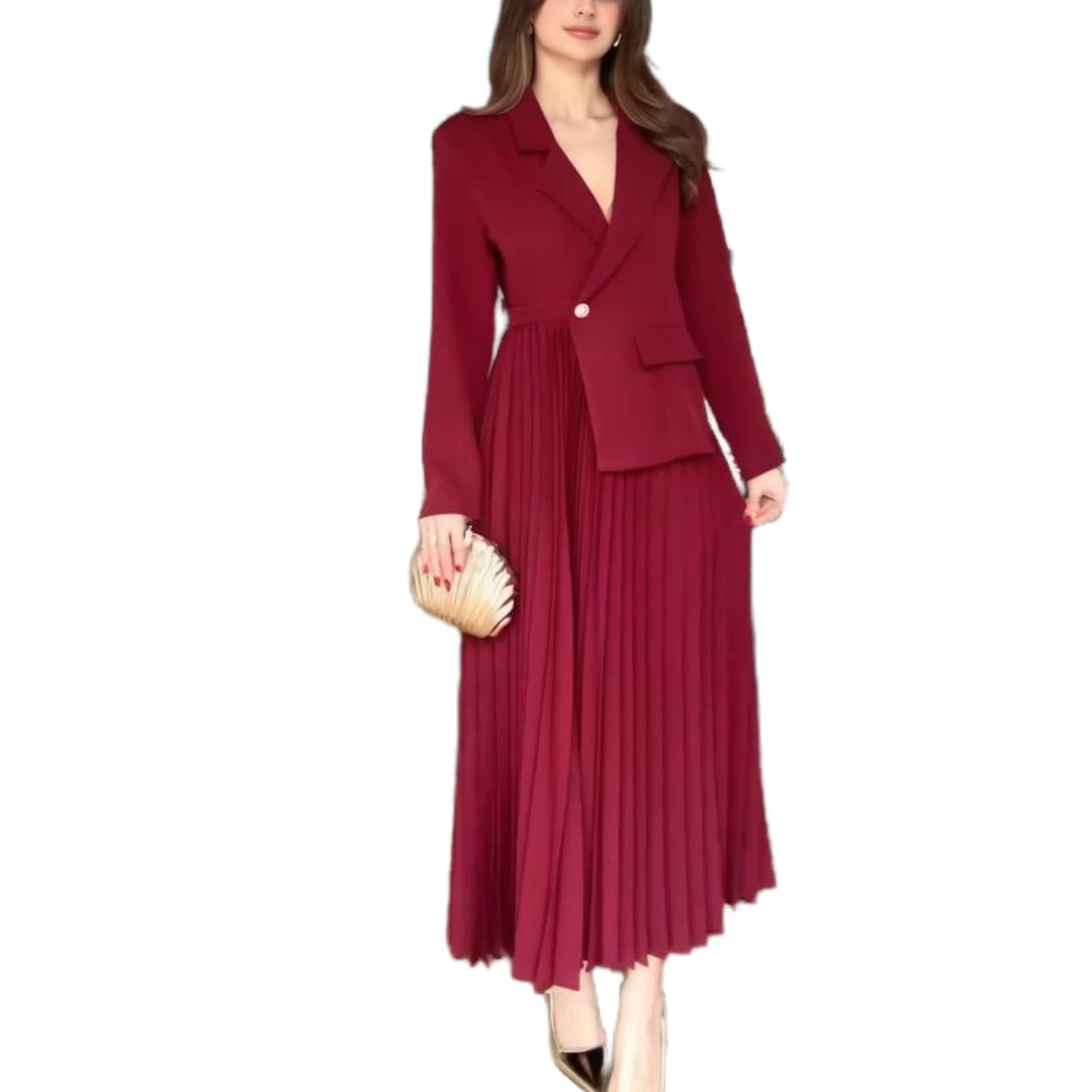 Long Sleeve Dress for Women Solid Color Bottons Pockets Jacket Top Maxi Pleated Skirt Casual Work Dress