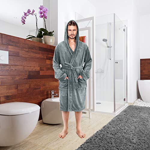 NY Threads Luxury Men’s Hooded Dressing Gown Super Soft Men’s Fleece Robe Cozy Hooded Plush Loungewear, Medium, Steel Grey - 7