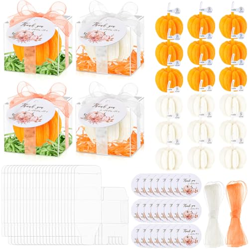 Hoolerry 24 Sets Pumpkin Candles Baby Shower Party Favors for Guests Thanksgiving Little Tealight Candle with Thank Tags Return Gift Box for Autumn Gender Reveal Wedding(Orange White Pumpkin)