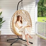 ONBRILL Egg Chair with Stand, Wicker Rattan Swing Hammock Chair with Fine Lace & Cushion, Hanging Chair with Double Chains, 350LBS Capacity for Outdoor & Indoor Patio, Porch, Bedroom, Balcony (Beige)